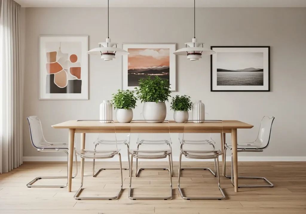 Slim Rectangular Table with Clear Chairs