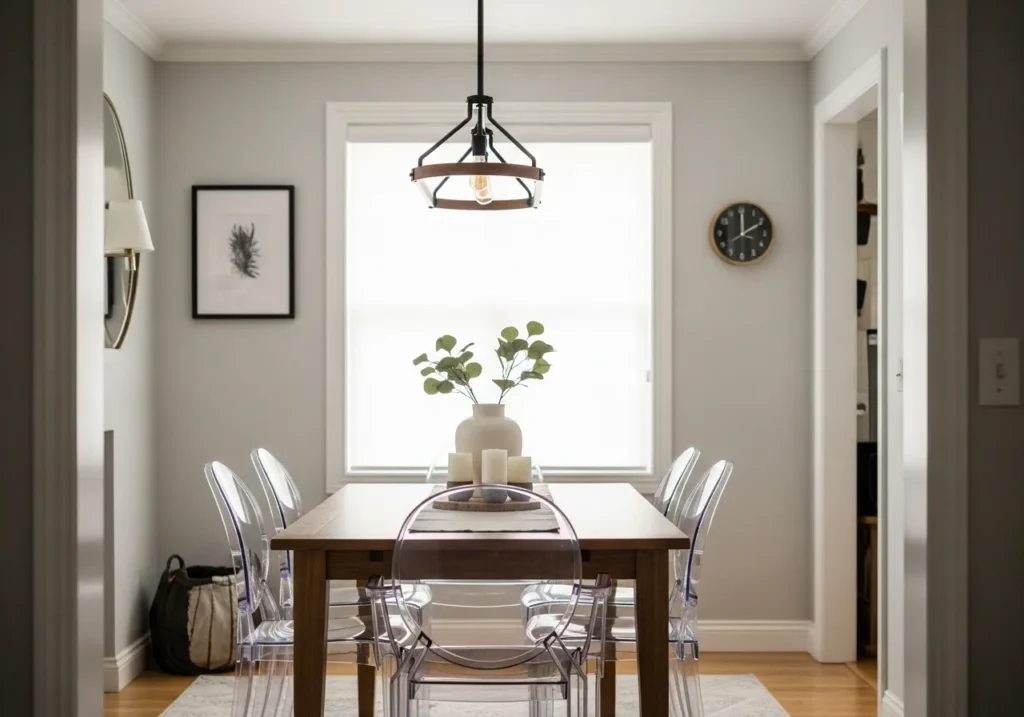 Transparent Acrylic Chairs with Wooden Table