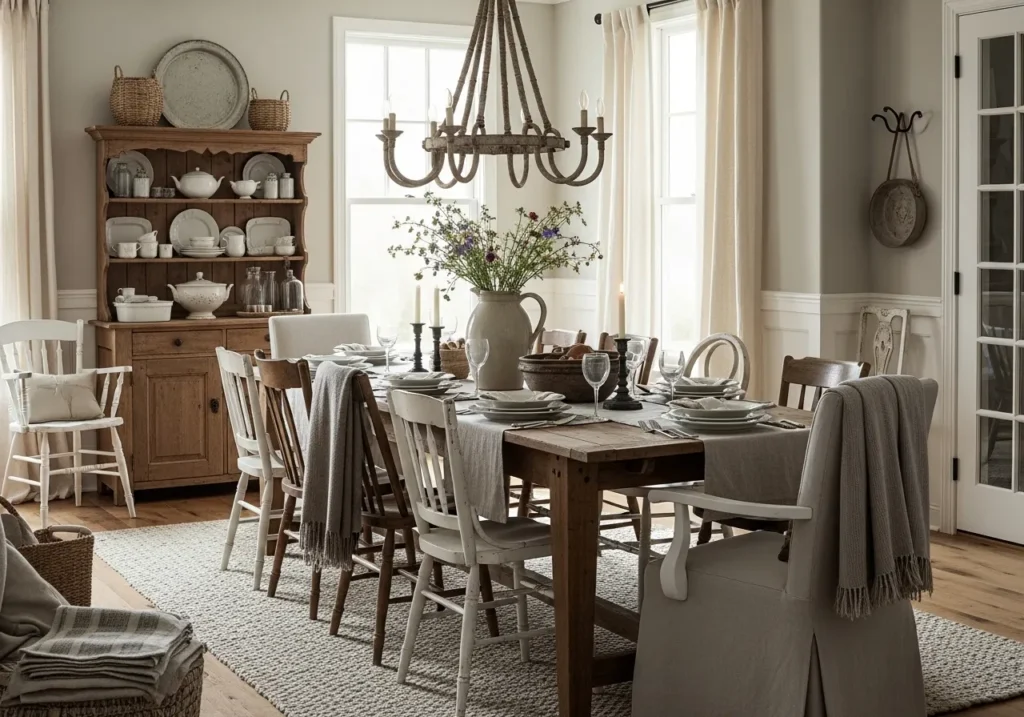 Rustic Wooden Farmhouse Table with Vintage Chairs