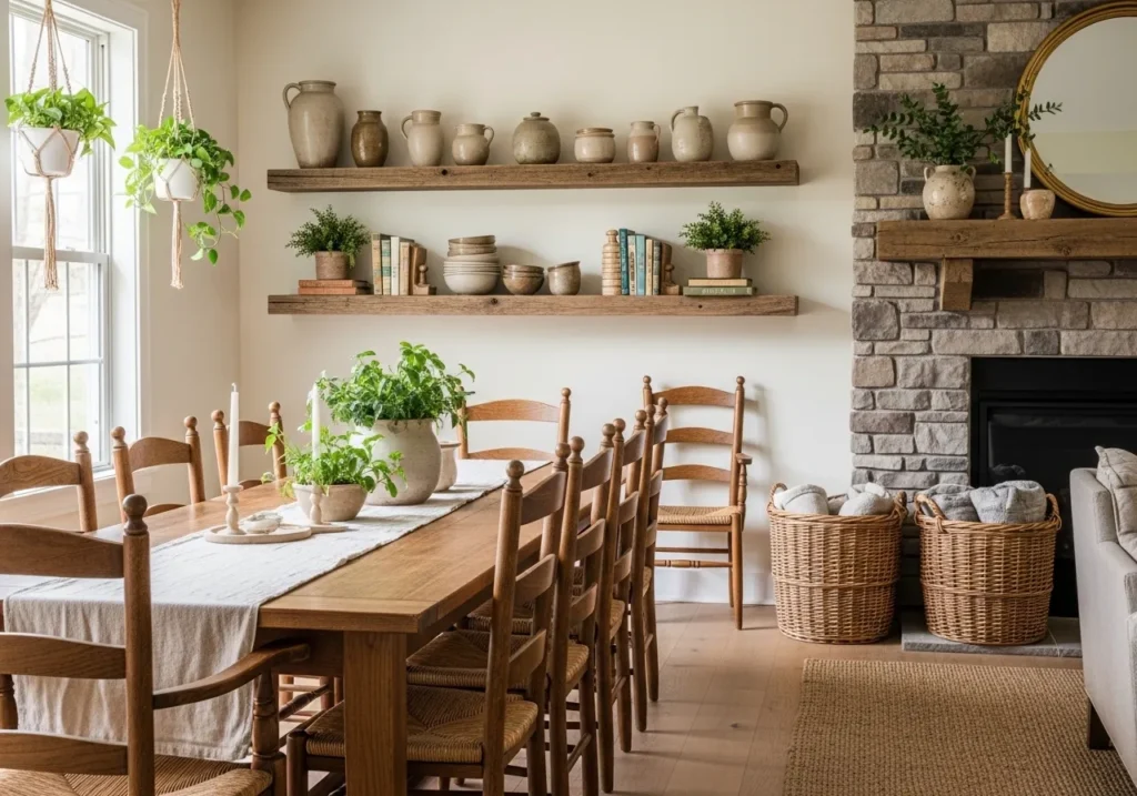 White Farmhouse Dining Room with Natural Accents