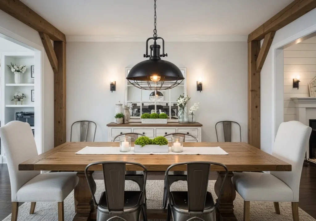 Farmhouse Table with Industrial Lighting