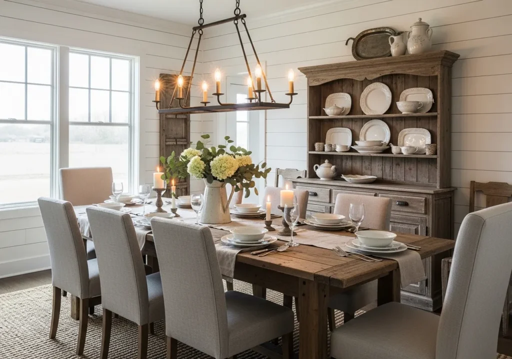 Farmhouse Dining Room with Shiplap Walls