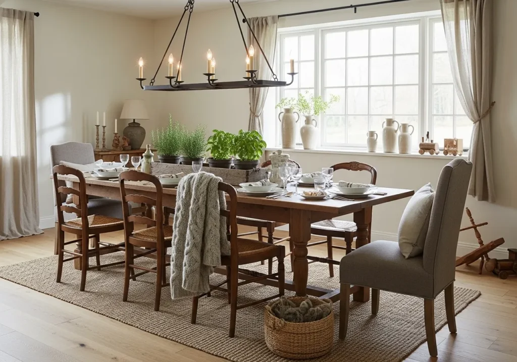 Farmhouse Dining Room with Statement Lighting