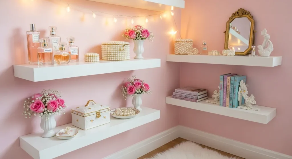  coquette bedroom floating shelves decor