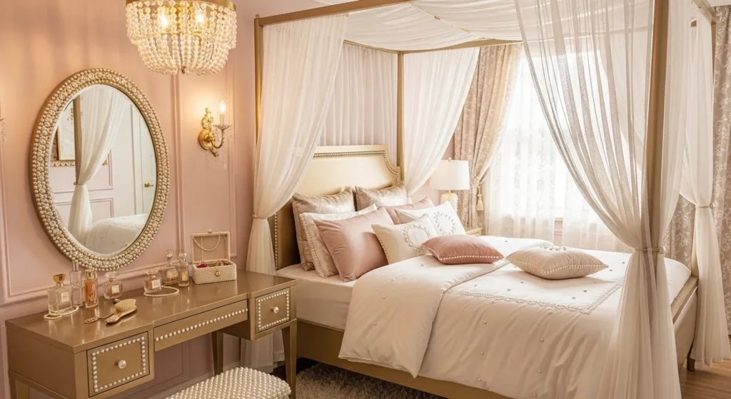 coquette bedroom pearl gold decor