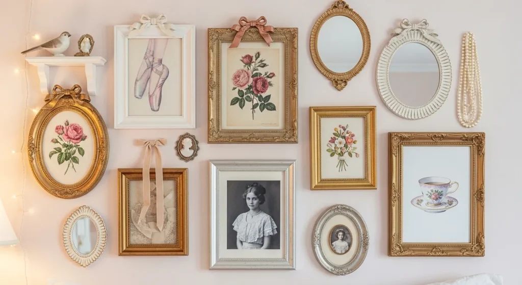 coquette gallery wall bedroom