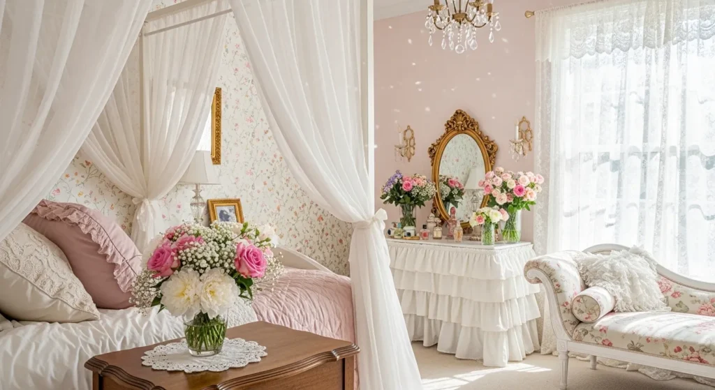 coquette bedroom fresh flowers decor