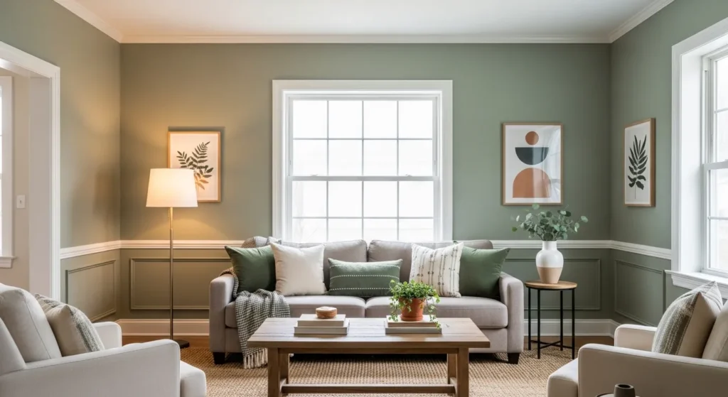 sage green living room white trim