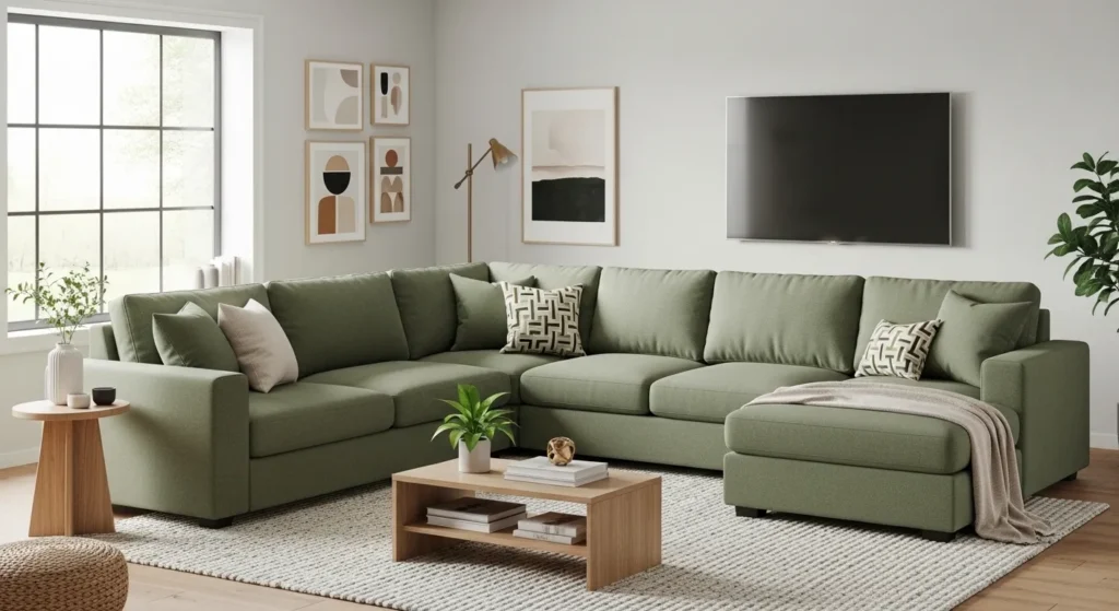 sage green sectional living room.