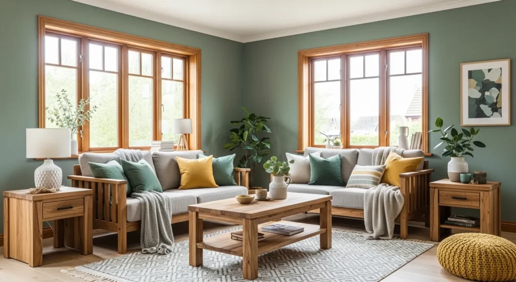 sage green living room natural wood