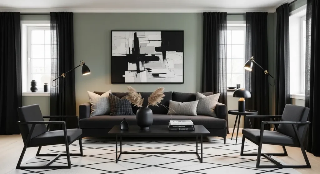 modern sage green living room black accents