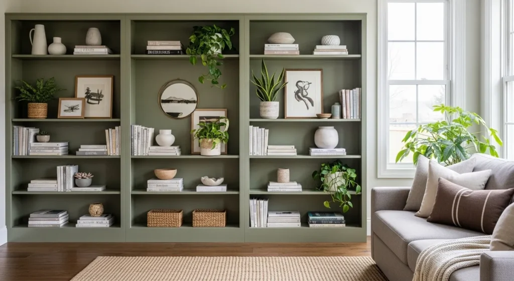 sage green built in shelves living room