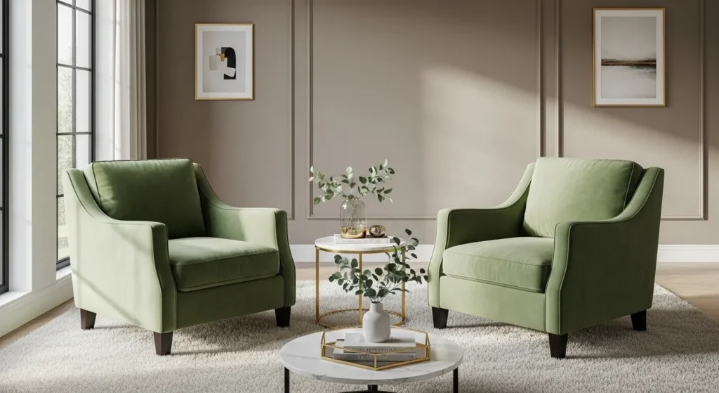sage green velvet accent chairs living room