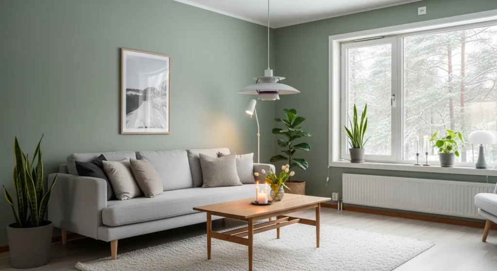 scandinavian sage green living room