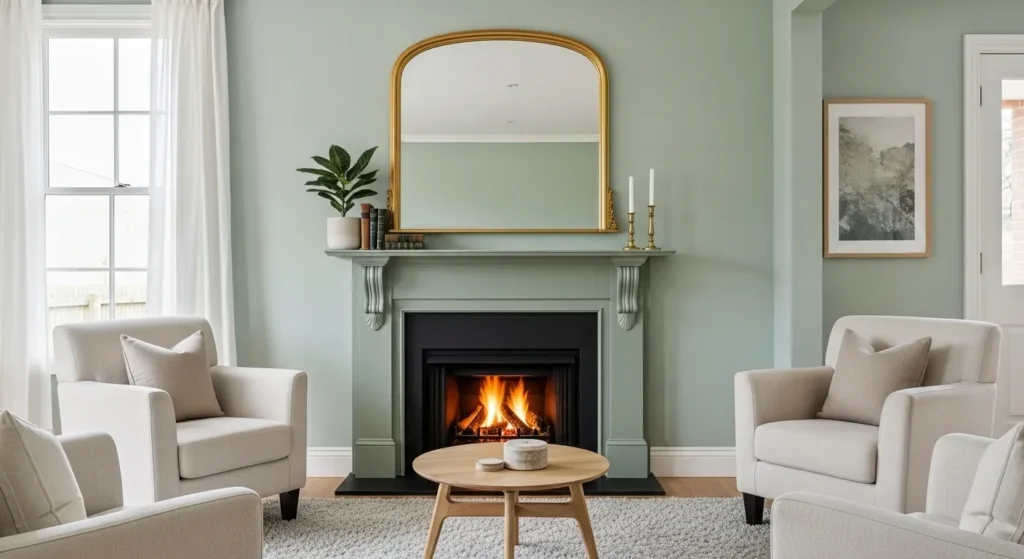 sage green fireplace living room