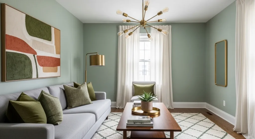 sage green living room brass lighting
