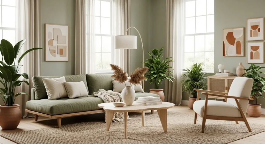 organic modern sage green living room