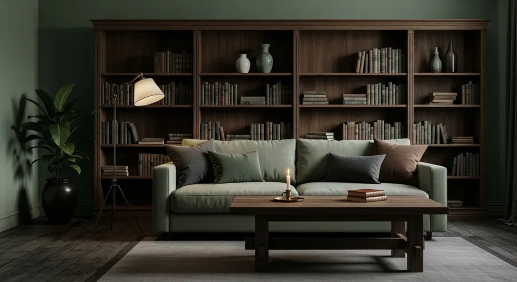 moody sage green living room dark wood