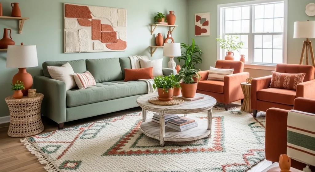 sage green terracotta living room