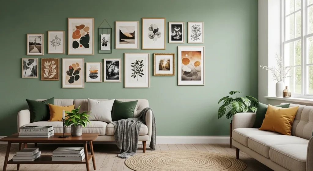 sage green living room gallery wall