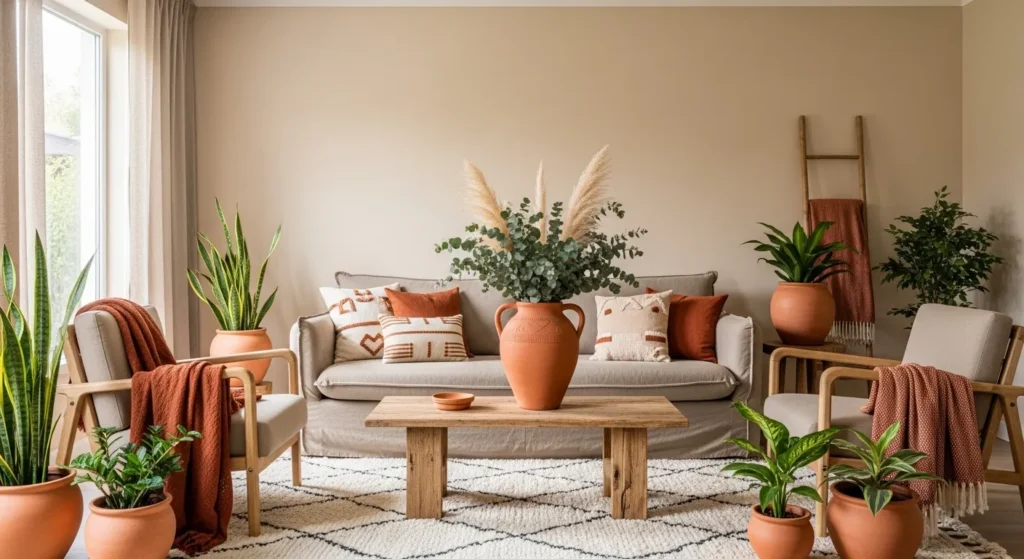 beige living room terracotta accents