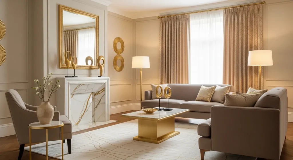 elegant beige living room gold accents