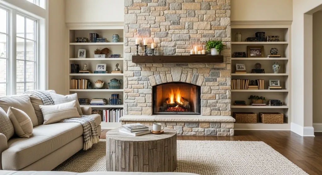 beige living room stone fireplace