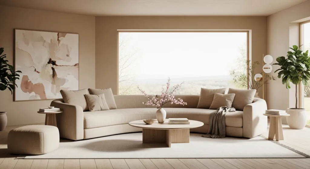 beige living room curved sofa