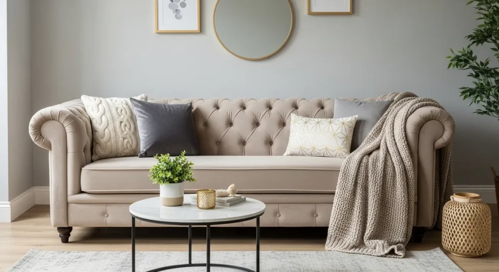 beige velvet sofa living room