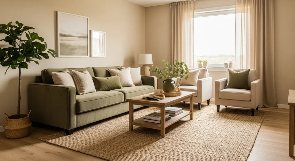beige olive green living room