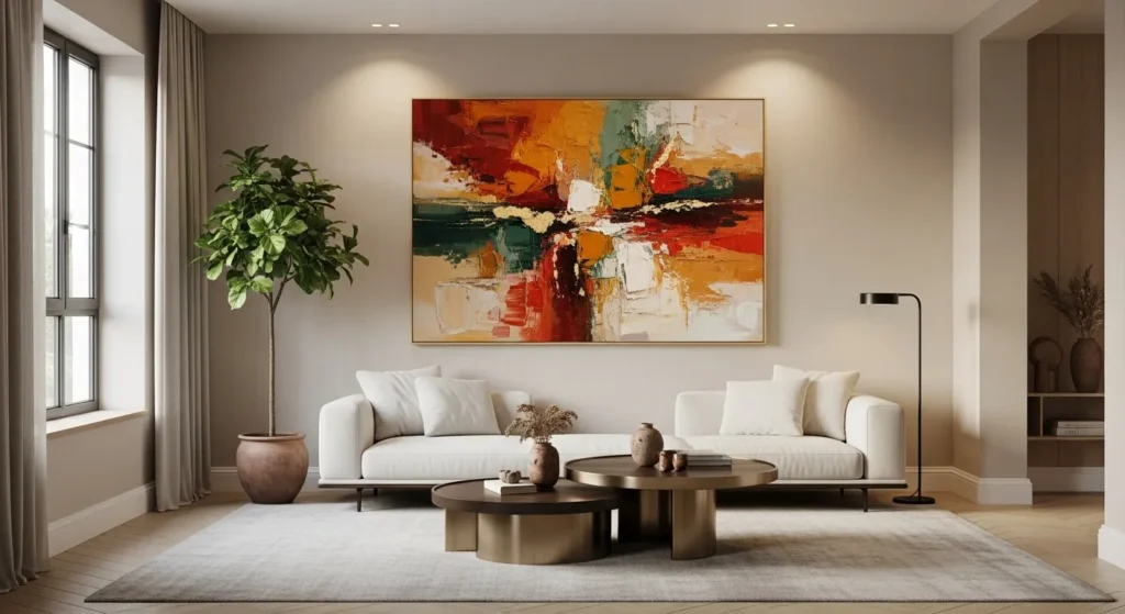 beige living room statement wall art