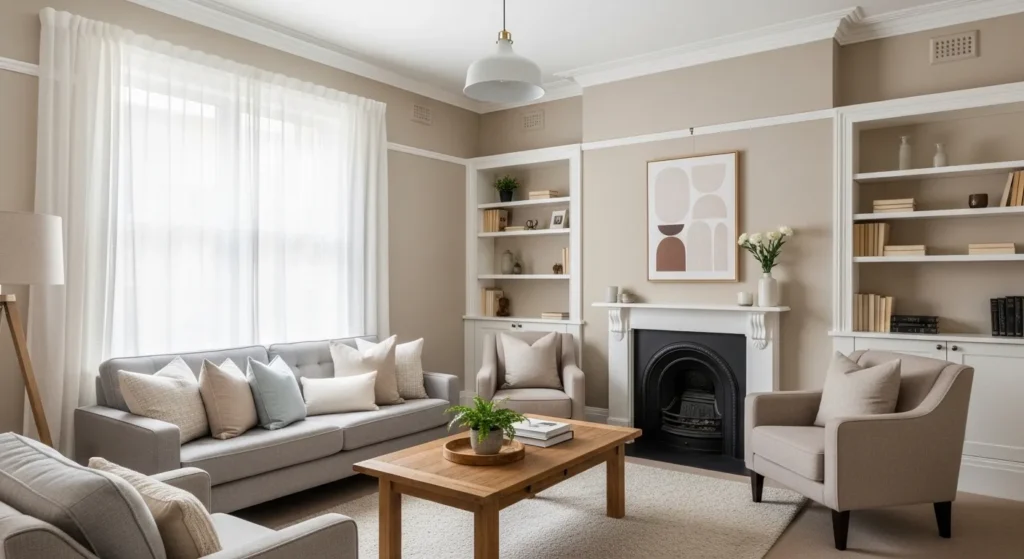  beige walls white trim living room