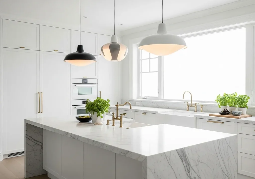 White Kitchen with Statement Lighting
