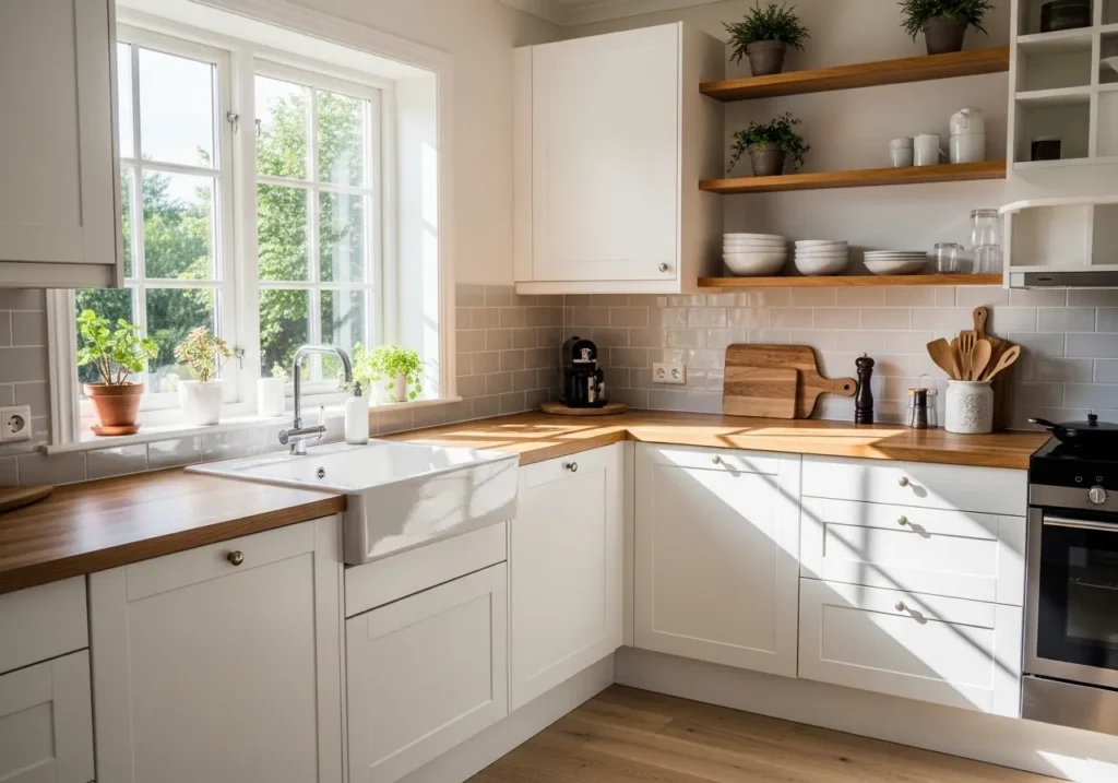 White Kitchen with Warm Wood Accents