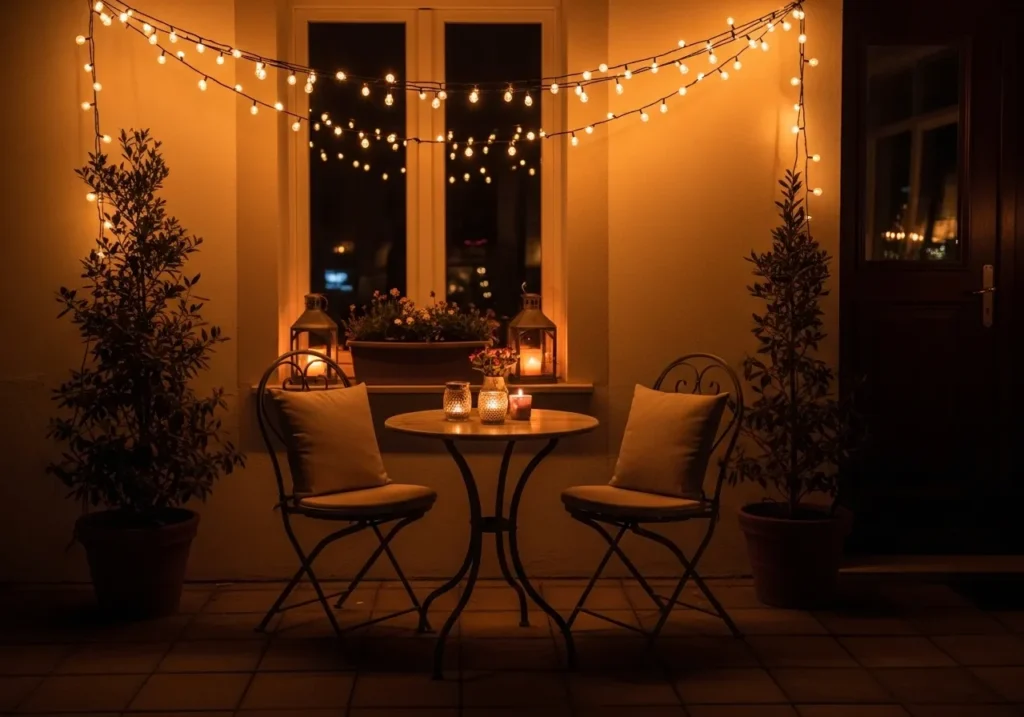 Cozy Bistro Patio with Warm String Lights