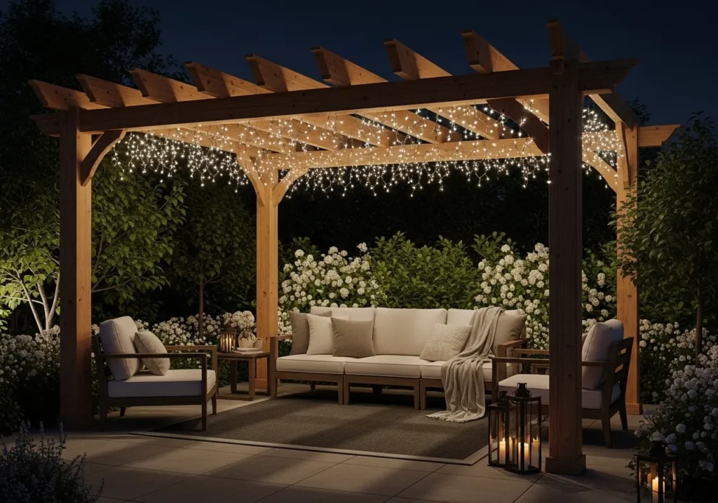 Pergola Patio Wrapped in Twinkling Lights
