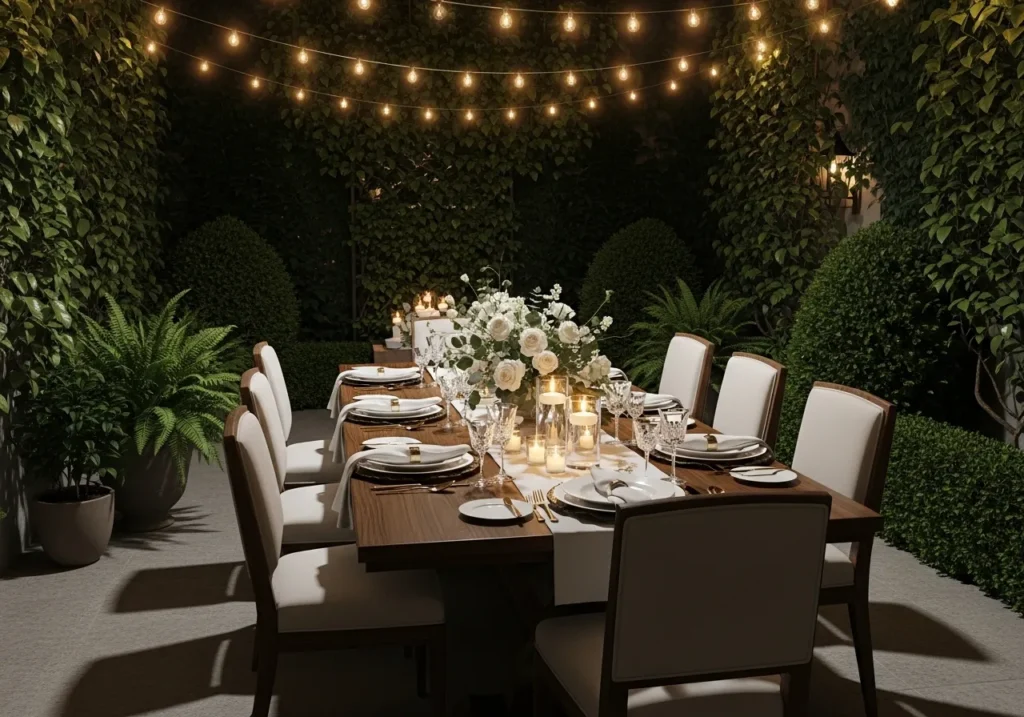 Garden Patio with String Lights Over Dining Table