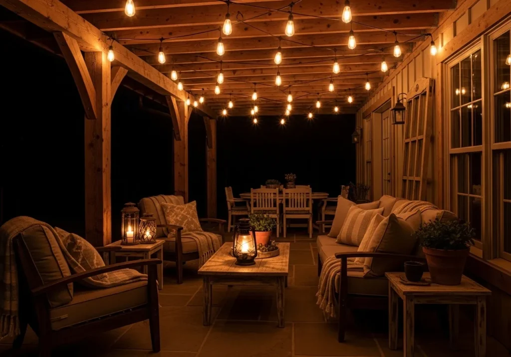 Rustic Patio with Vintage Edison String Lights 🪵💡