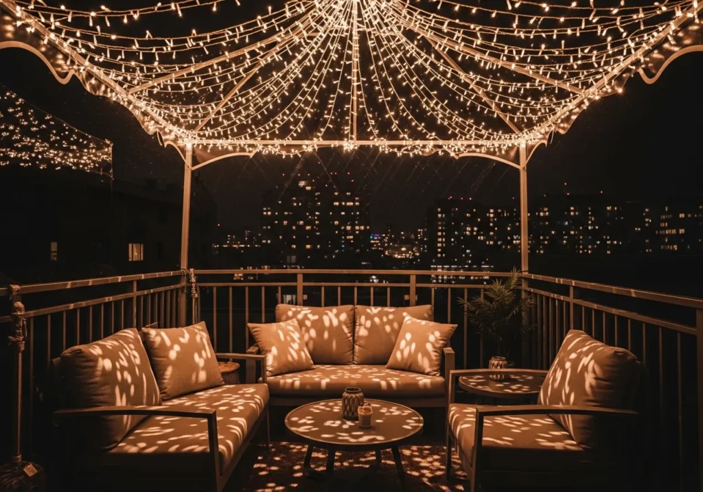 Small Balcony Patio with String Light Canopy 