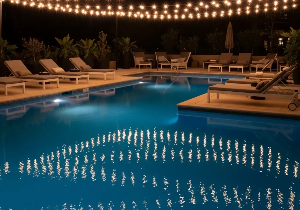 Poolside Patio with Reflective String Lights