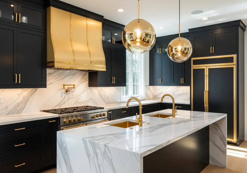Black Cabinets with White Marble Countertops