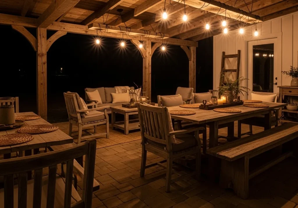  Farmhouse Patio with Wooden Beams and String Lights 🏡✨