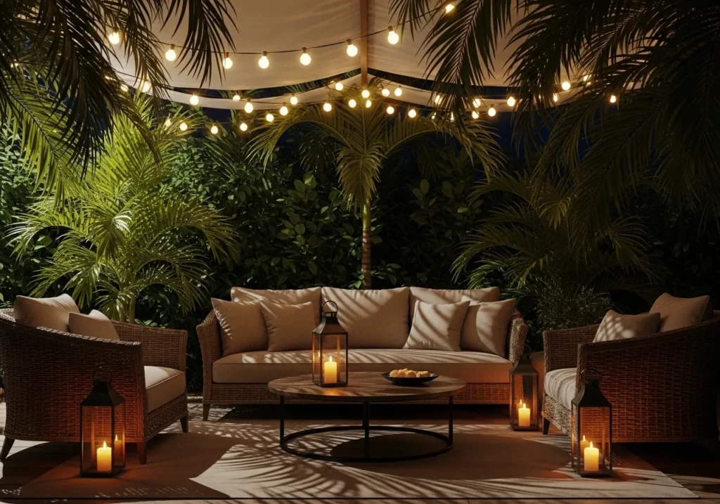  Tropical Patio with Palm Leaves and Lights 