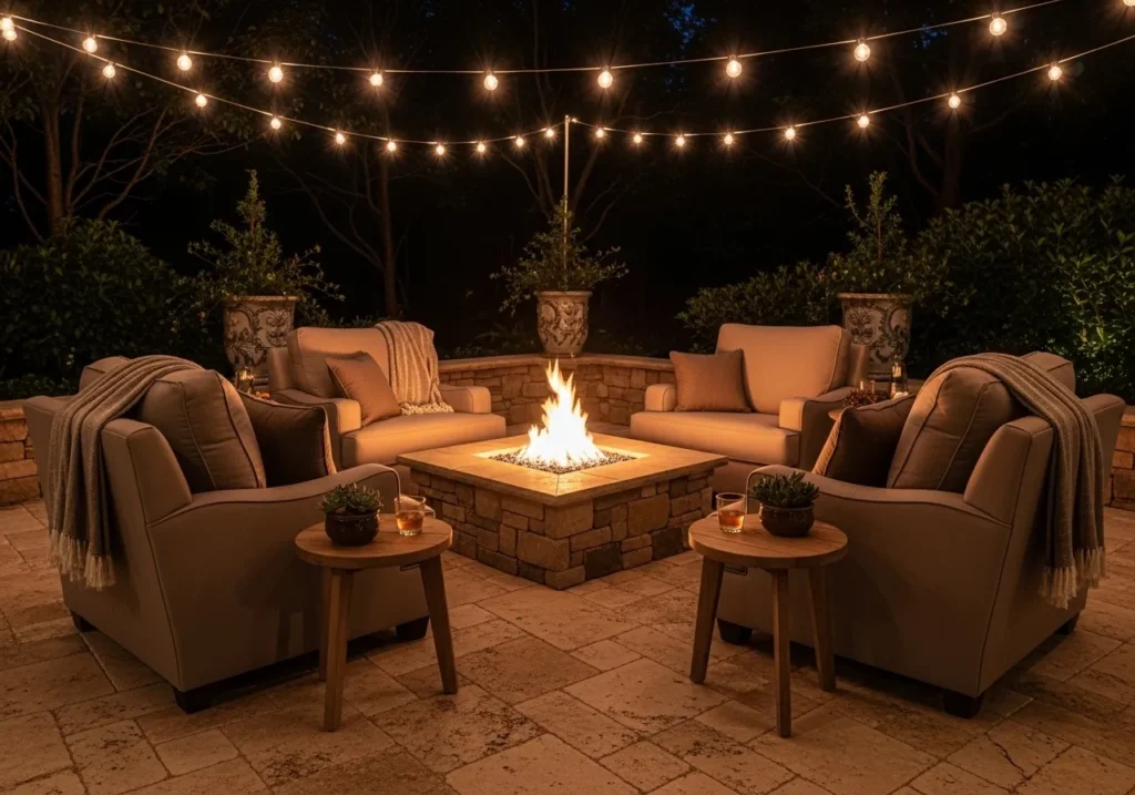 Patio Fire Pit Area with String Lights