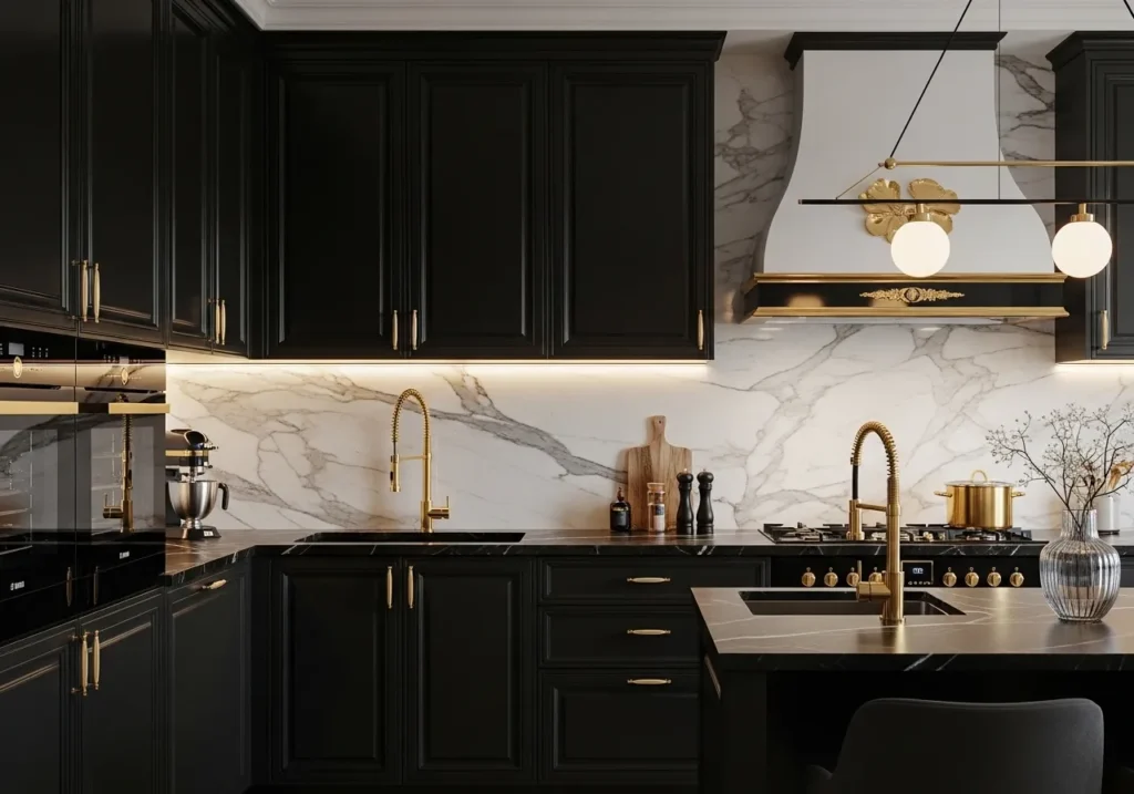 Black Cabinets with Gold Hardware