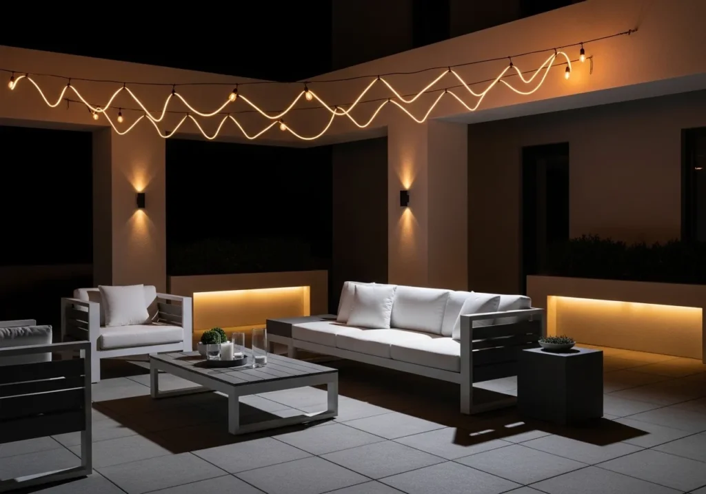 Contemporary Patio with Zigzag String Lights