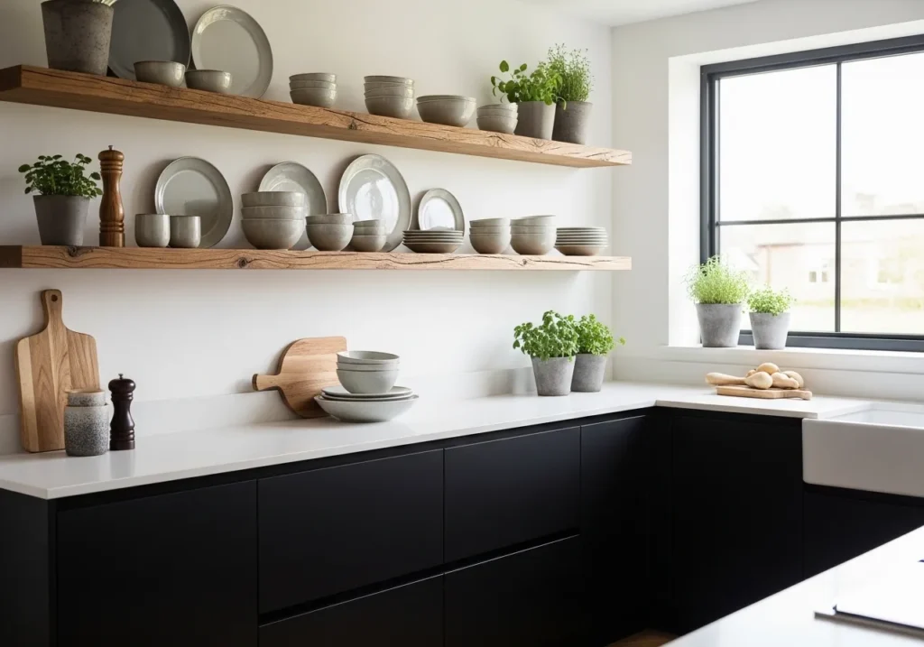  Black Cabinets with Open Shelving