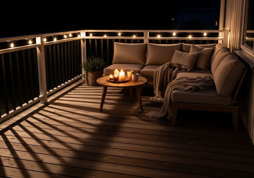 Wooden Deck Patio with Rail String Lights