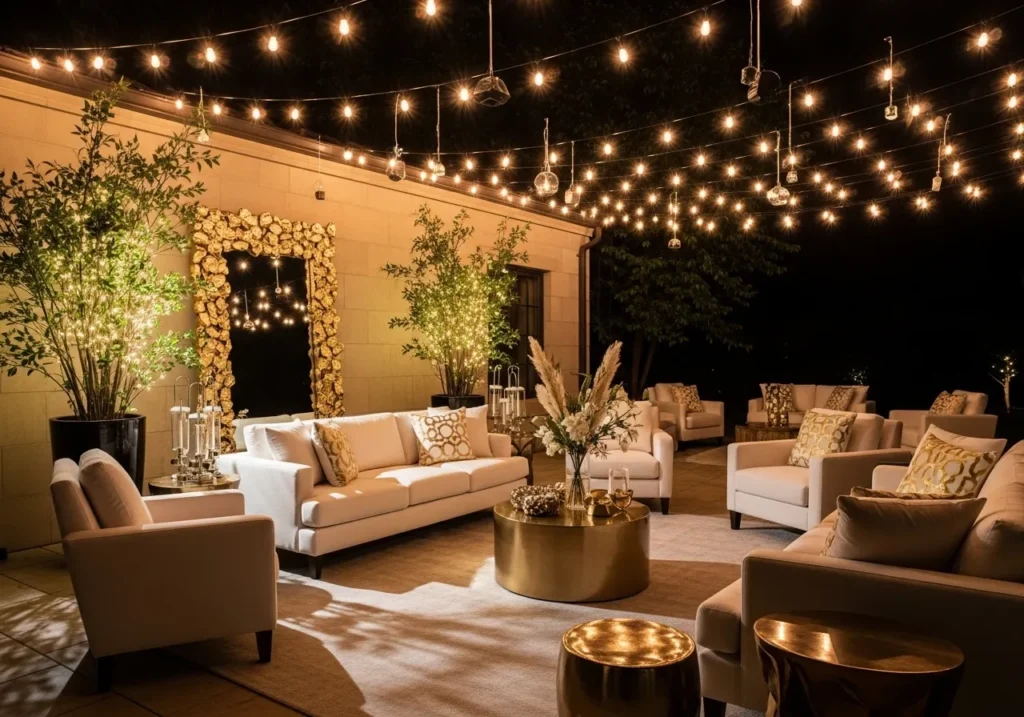 Luxury Patio Lounge with Layered String Lights