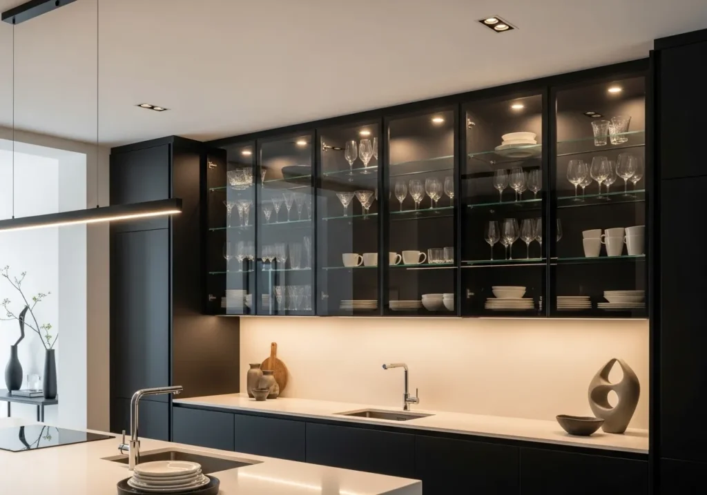 Black Cabinets with Glass Doors